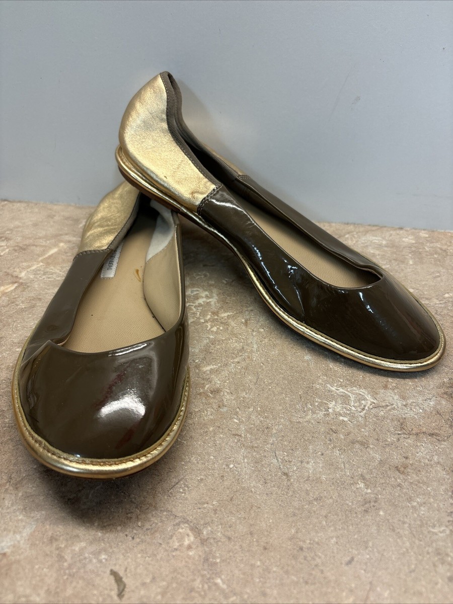 DVF DIANE von FURSTENBERG GOLD LEATHER BROWN PATENT LEATHER BALLET - Main Image
