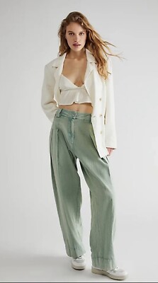Free People Women One Chance Green Pleated Preppy Slouchy Trouser Pants Sz 4 NWT