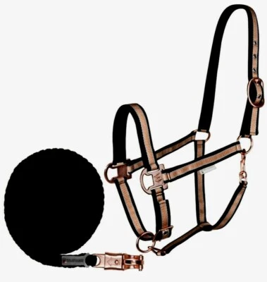 Halfter + Strick Set Waldhausen Shine Stallhalfter schwarz/rosegold Pony VB WB