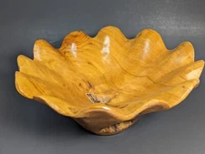 Carved Teak Wood Flower Bowl Scalloped Fruit Decor Serving MCM