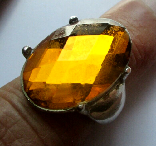 Bague Rétro En Argent Rhodié Avec Cabochon Pierre Naturelle Orange - Taille 55 - Occasion Impeccable