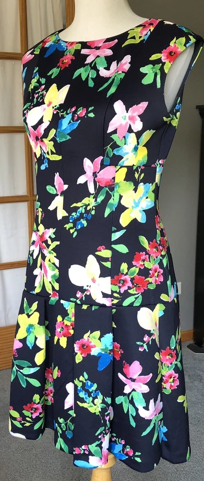 Chaps Floral Skater’s Dress Womens Sz 6 Blue Pleated Drop Waist Cottagecore Boho - Image 2 of 4