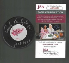 Andy Bathgate Signed & Inscribed Detroit Red Wings Puck JSA COA
