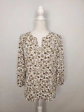 Fun 2 Fun Off White Floral Print Top Smocked Shoulders Women's Size Large.