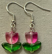 PINK TULIP FLOWER GLASS BEAD EARRINGS with Sterling Silver Ear Wires #2
