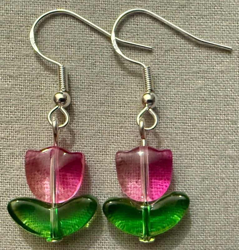 PINK TULIP FLOWER GLASS BEAD EARRINGS with Sterling Silver Ear Wires #2