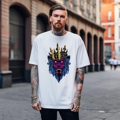 Lion with Crown White T Shirts All Season Cotton 100%