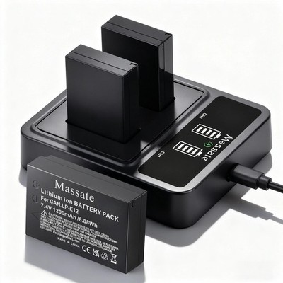 Massate 3er Pack LP-E12 Akku + LED PD20W Schnellladegerät - Full Power 2,5H, LP...