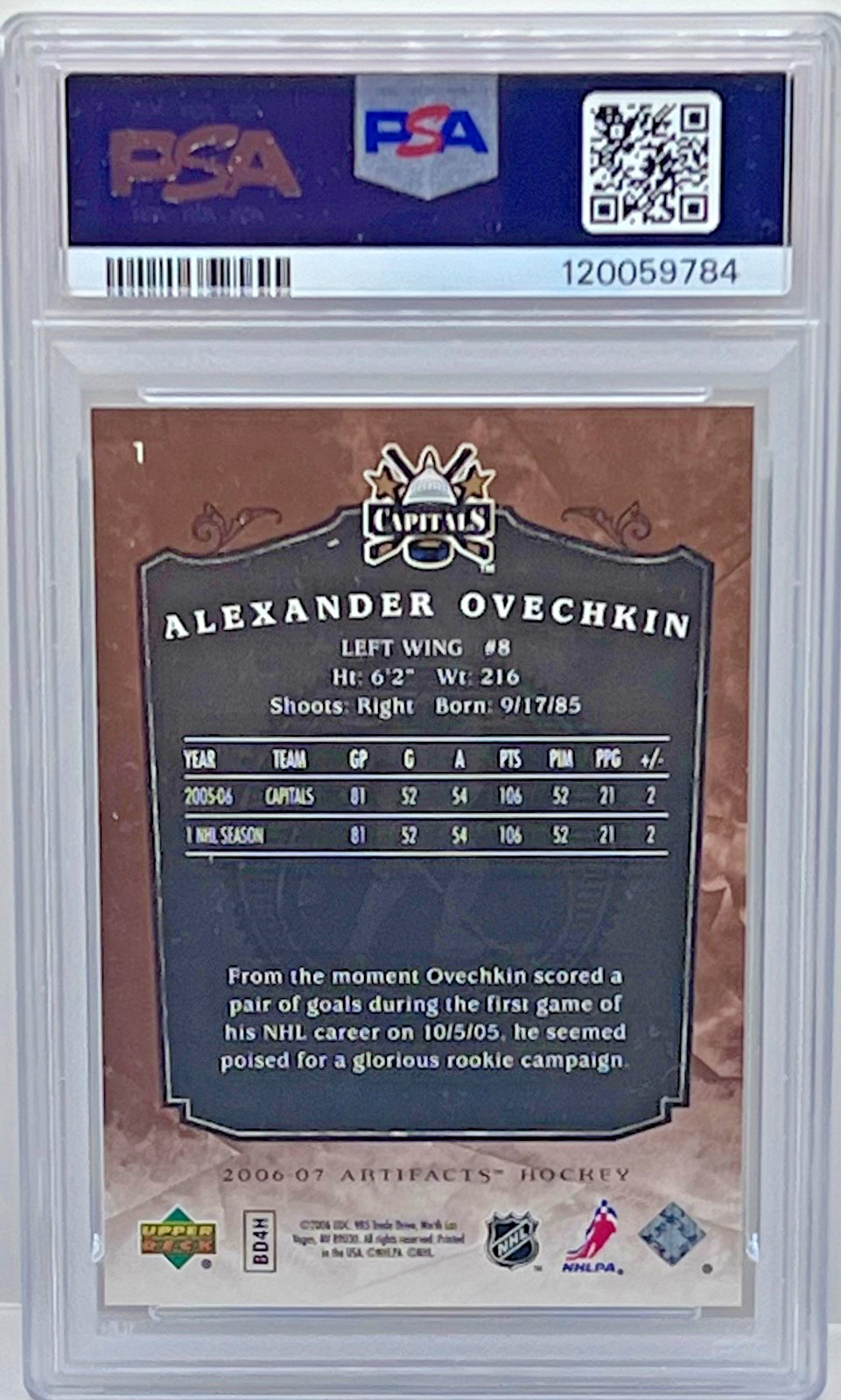 2006 UD Artifacts #1 Alexander Ovechkin PSA 9 MINT Capitals view 2
