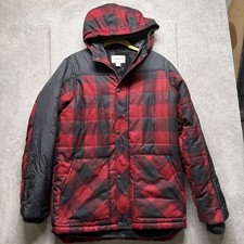 Lands End Boys Puffer Jacket Hooded Buffalo Plaid Red Black Youth Large