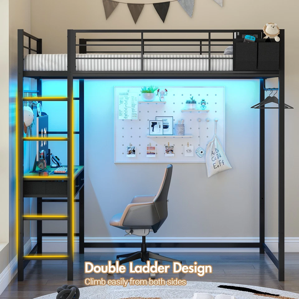 Single LED Corner Bed Frame with Office Workstation and Charging Station - image 3 of 4