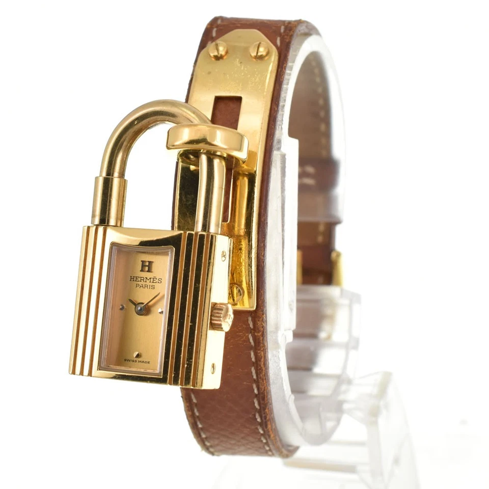 Reloj HERMES Kelly chapado en oro/cuero esfera dorada cuarzo reloj para damas R#143926 Foto 2 de 4