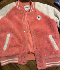 KIDS Converse pink white varsity jacket L snap pockets logo patch