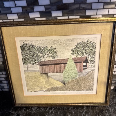 Signed Numbered Covered Bridge Evergreen Print Mandarano Cream Ridge NJ 87/300