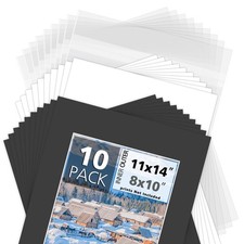 10-Pack 11x14 Pre-Cut 8x10 Black Mats with Backboards Clear Bags for Photos