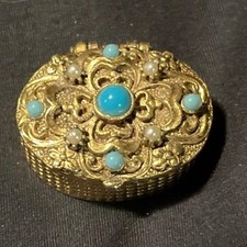 Gold Tone Blue Cabochon Pill Container Vintage & Antique