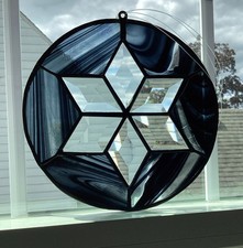 Stained Glass Suncatcher Round Beveled Star 8 in Black Slag Glass
