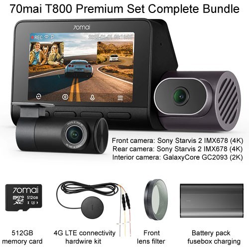 70mai T800 Bundle 4K Front 4K Rear 2K Cabin 512GB 4G Hardwire Kit