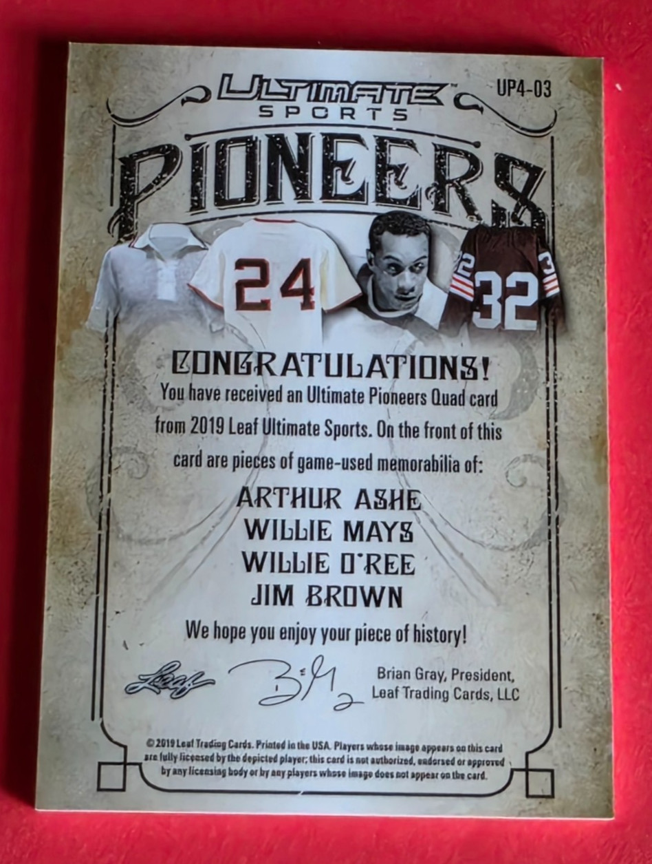 Jim Brown GAME USED JERSEY Card #2/2 Willie Mays ARTHUR ASHE Willie O'Ree LEAF view 3