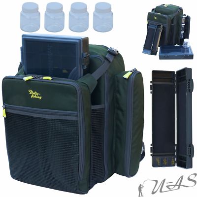 Delta Fishing 1A Angel Rucksack Tackle Box Rig Board Dip Gläser Regenhaube Sha