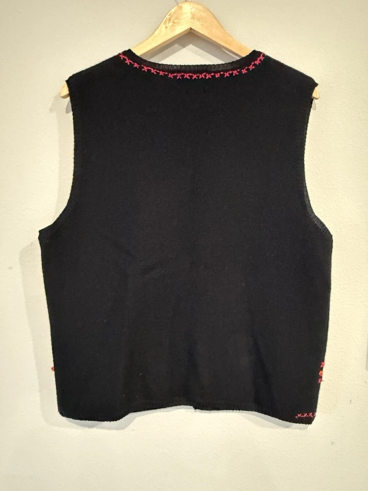 Chaleco 100% Lana Bordado Floral Negro Cremallera Talla Pequeña Foto 2 de 4