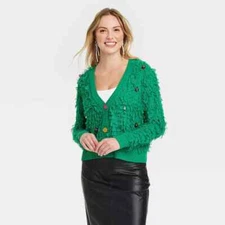 33 Degrees Loop Christmas Festive Graphic Cardigan - Green - Womens XXS - NWT