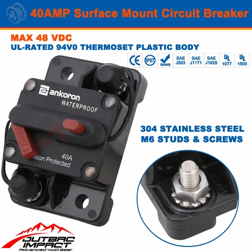 40A AMP Circuit Breaker Dual Battery Manual Reset IP67 W/proof 12V 48 Volt Fuse - Picture 6 of 11