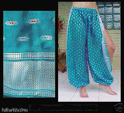 Harem Pants Belly Dance Sari Chiffon Turquoise w/ Silver Slit