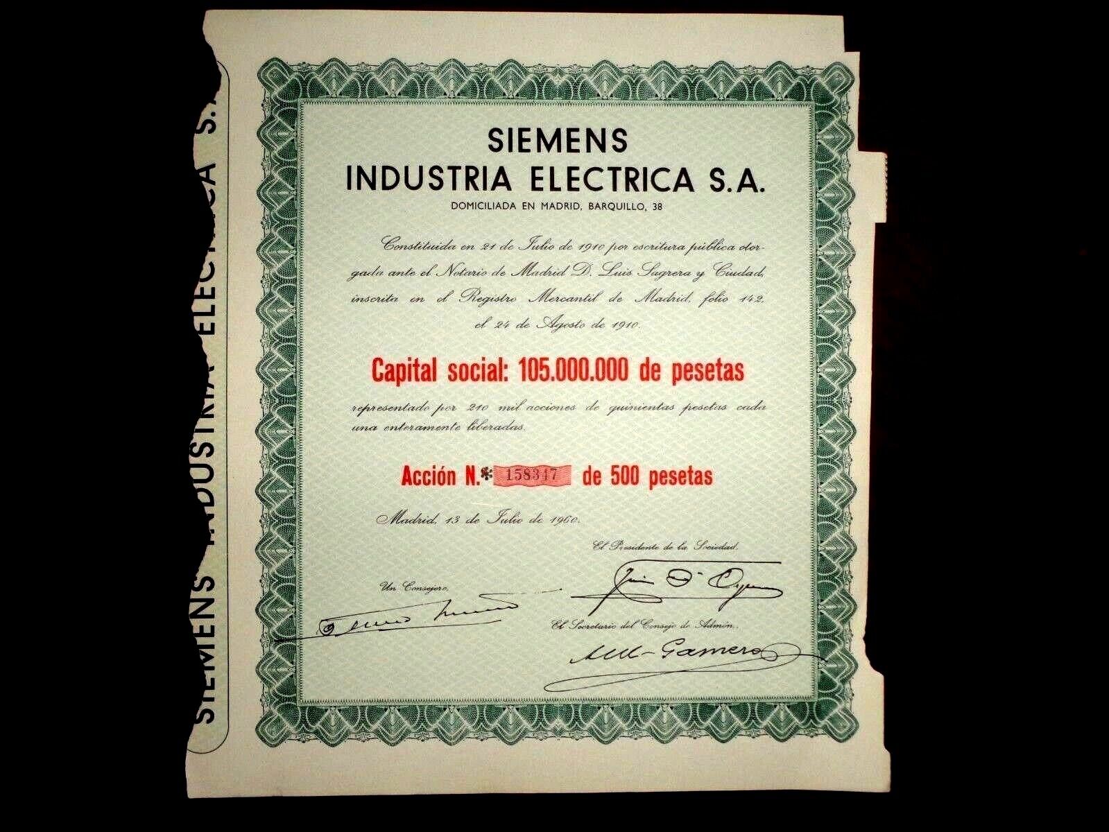 SIEMENS INDUSTRIA ELÉCTRICA, Share certificado 1960, España