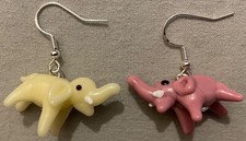 PINK/WHITE ELEPHANT GLASS BEAD EARRINGS w/SS Ear Wires AFRICAN ASIAN TRUNK TUSK