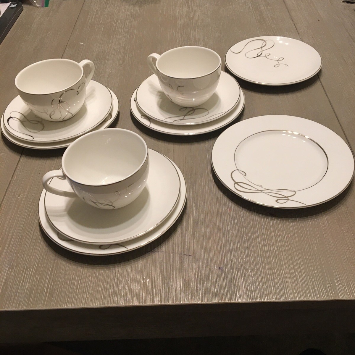 Brand New Mikasa LOVE STORY Silver Trim 11 Pc 3Tea Cup 4Saucer