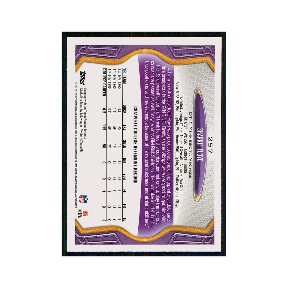2013 Topps Sharrif Floyd RC Vikings #257 - Image 2 of 3