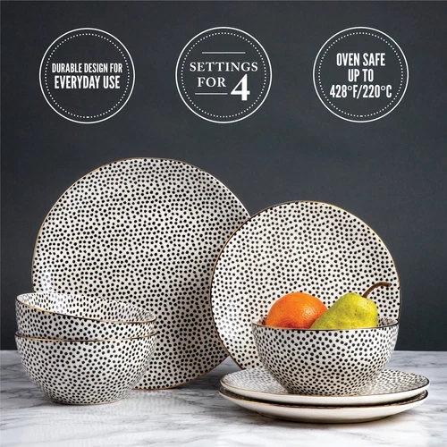 Thyme & Table 12-Piece Dinnerware Stoneware Set, Black & White Dot Collection - Picture 2 of 5