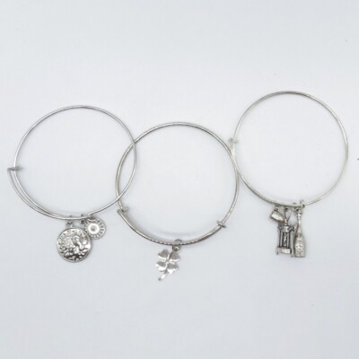 3Pc Expandable Charm Bracelet Silver Tone Bangle Wine Four Leaf Clover Charms