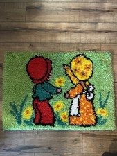 VTG Latch Hook Wall Hanging Rug Decor Hippie Retro 70s Country Boy Girl GreenSEE