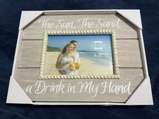 New! Sun Sand A Drink In My Hand Taupe Nautical Tan Wood 4” X 6” Photo Frame