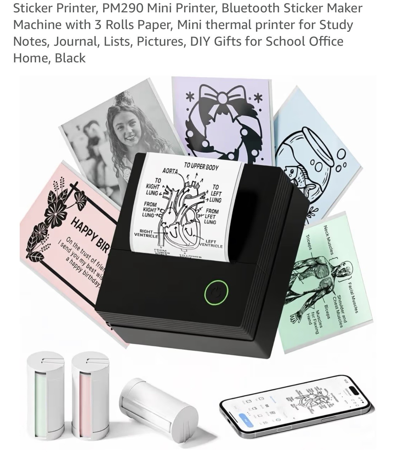 Sticker Printer,Mini Printer, Bluetooth Sticker Maker Machine with 3 Rolls Paper
