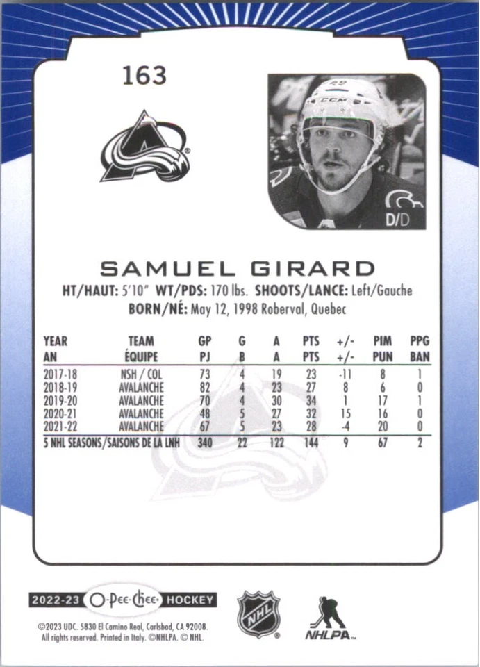 2022-23 O-Pee-Chee Blue #163 Samuel Girard - HKY - Image 2 of 2