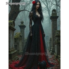 Red And Black Gothic Wedding Dress Lace Long Sleeve Vintage Bridal Gown Medieval