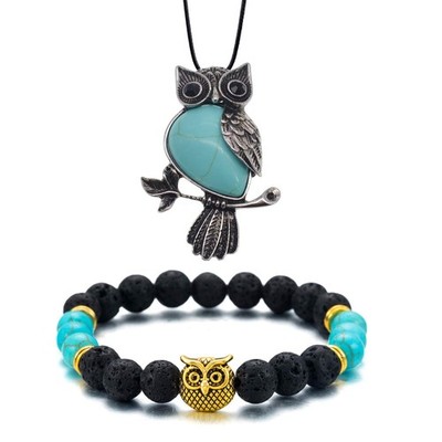 Eule Heilkristalle Halskette & Armband Set - Reiki Spirituelle Energie Edelstein - 01