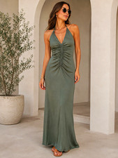 ASTR The Label Green Ruched Halter V-Neck Maxi Dress XS