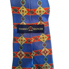 Tommy Hilfiger Mens Silk Tie Blue Red Geometric Medallion Diamond Made in USA