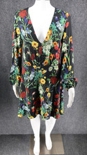 Alice + Olivia Mini Dress Women 12 Black Floral Long Sleeve V Neck Bell EUC