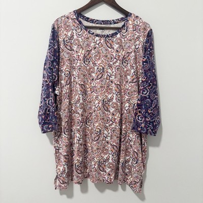 Lands End Womens 3X Paisley Print 3/4 Sleeve Cotton Knit Top Navy Orange 24W-26W