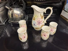 Vintage Ceramic Napcoware Hand-Painted Pink Flowers Juice Water Pitcher/Cups