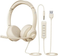 USB Headset with Microphone for PC, On-Ear Computer Laptop Headphones Apricot