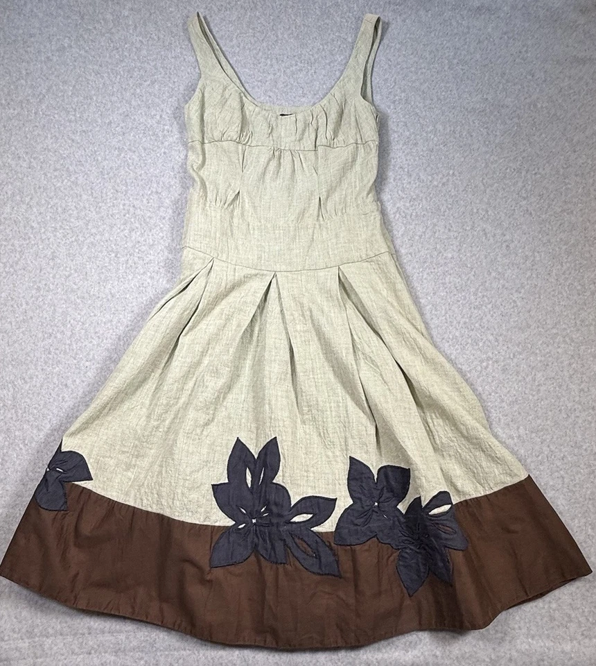 Vestido TOCCA Talla 8 Algodón Mezcla Lino Acentos Florales Beige Marrón Boho Cottagecore Foto 2 de 4