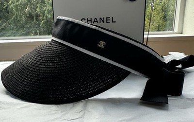 CHANEL 2022 Coco Mark Abaca Raffia Silk Ribbon Straw Visor Black