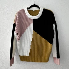 Wishlist Tan Black Pink White Colorblock Crew Neck Knit Sweater - Women’s S/M