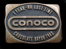 SB01149 VINTAGE 1982 *CONOCO CHOCOLATE BAYOU* OILFIELD SOLID BRASS BELT BUCKLE